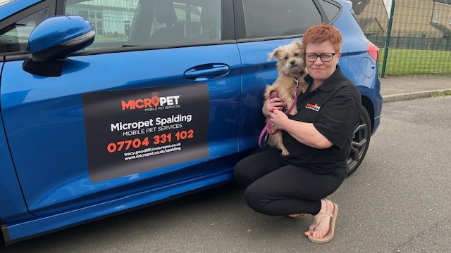 Micropet Spalding mobile pet services car with pet carer and small dog